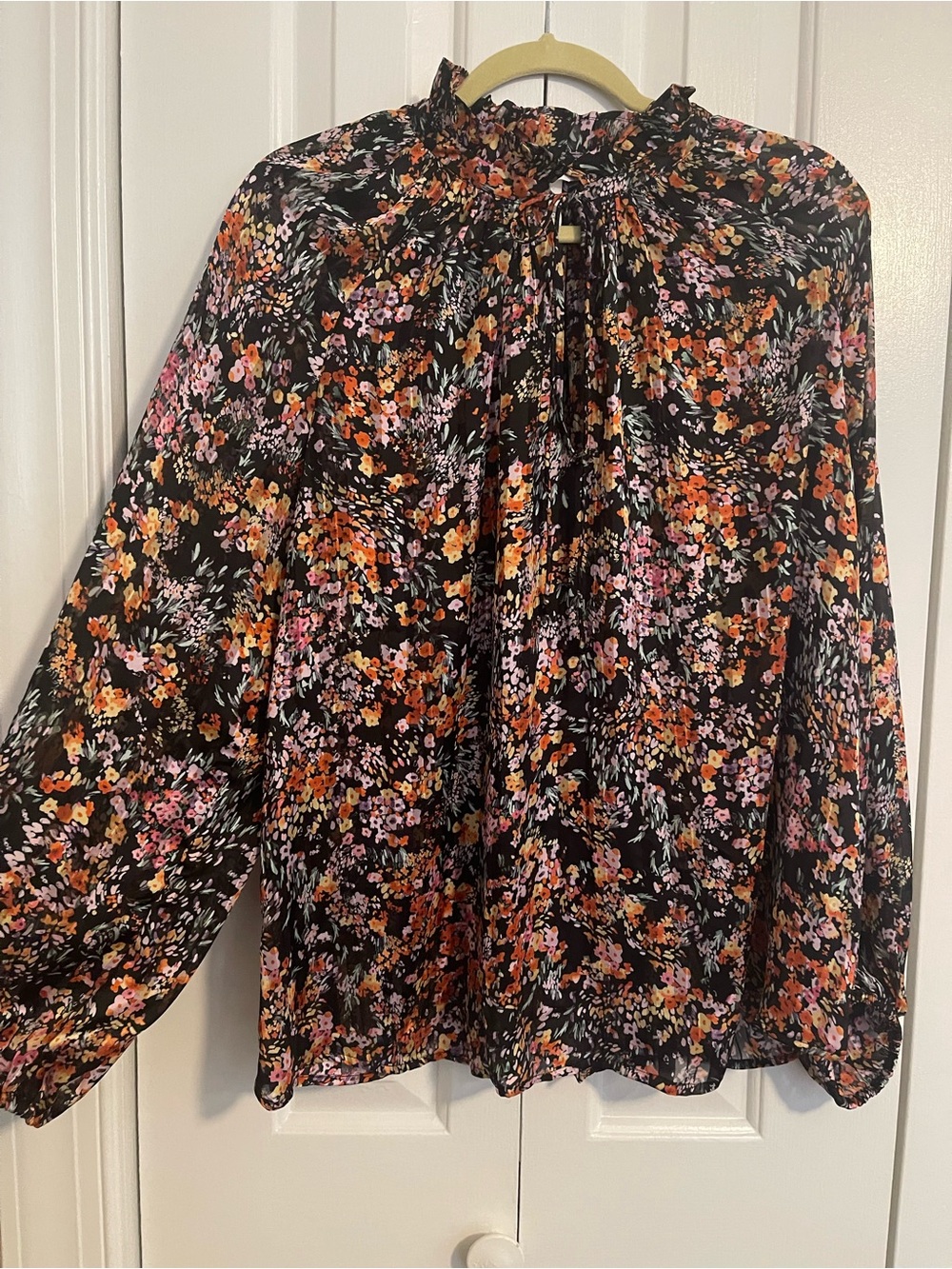 Floral Ruffle Neck Long-Sleeve Blouse